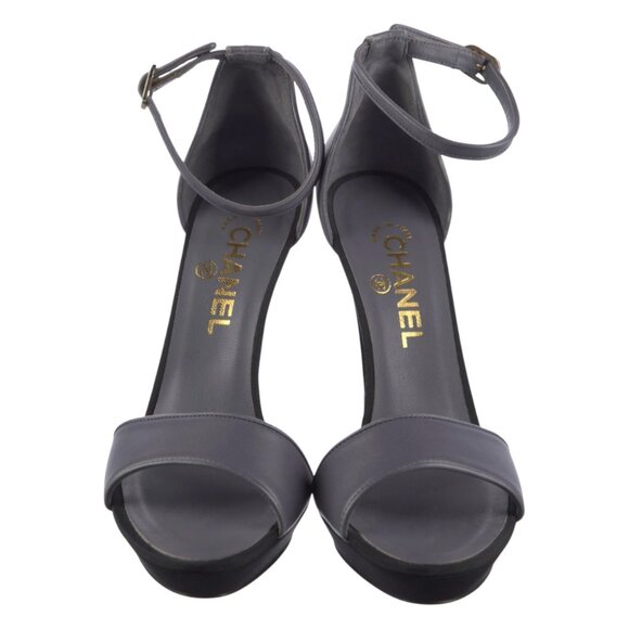 Chanel CC Logo Gray Leather Ankle Strap Heels Sandals - Picture 3 of 5